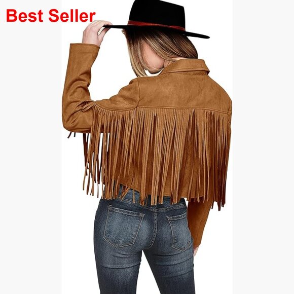 Jackets & Blazers - Faux Suede Fringe Cropped Jacket with Tassel Design